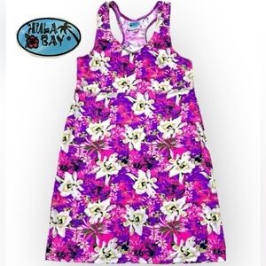 Hula Bay hawaiian floral orchid print beach dress, neon colors, M, stretchy